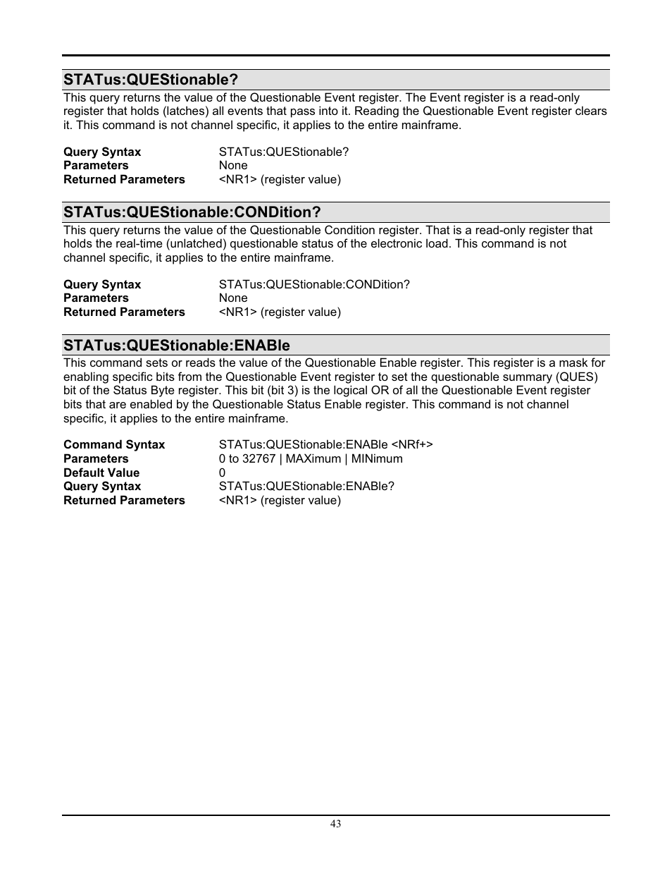 Status:questionable, Status:questionable:condition, Status:questionable:enable | AMETEK PLA-PLW Programming Manual User Manual | Page 47 / 74