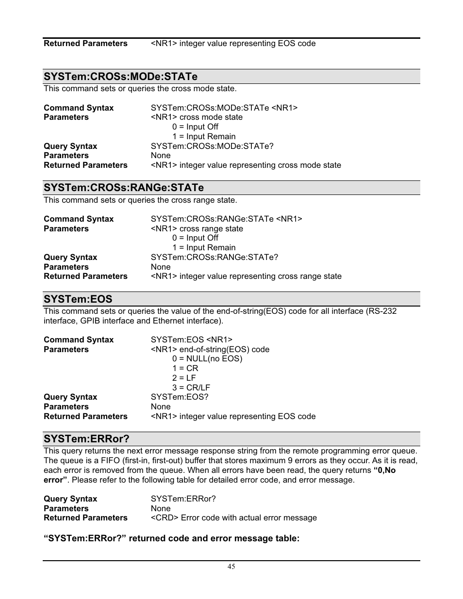 System:cross:mode:state, System:cross:range:state, System:eos | System:error | AMETEK PLA-PLW Programming Manual User Manual | Page 49 / 74