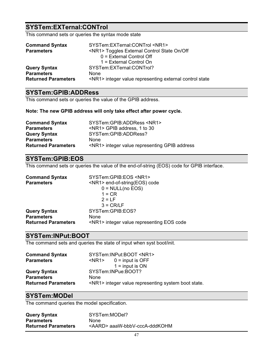 System:external:control, System:gpib:address, System:gpib:eos | System:input:boot, System:model | AMETEK PLA-PLW Programming Manual User Manual | Page 51 / 74