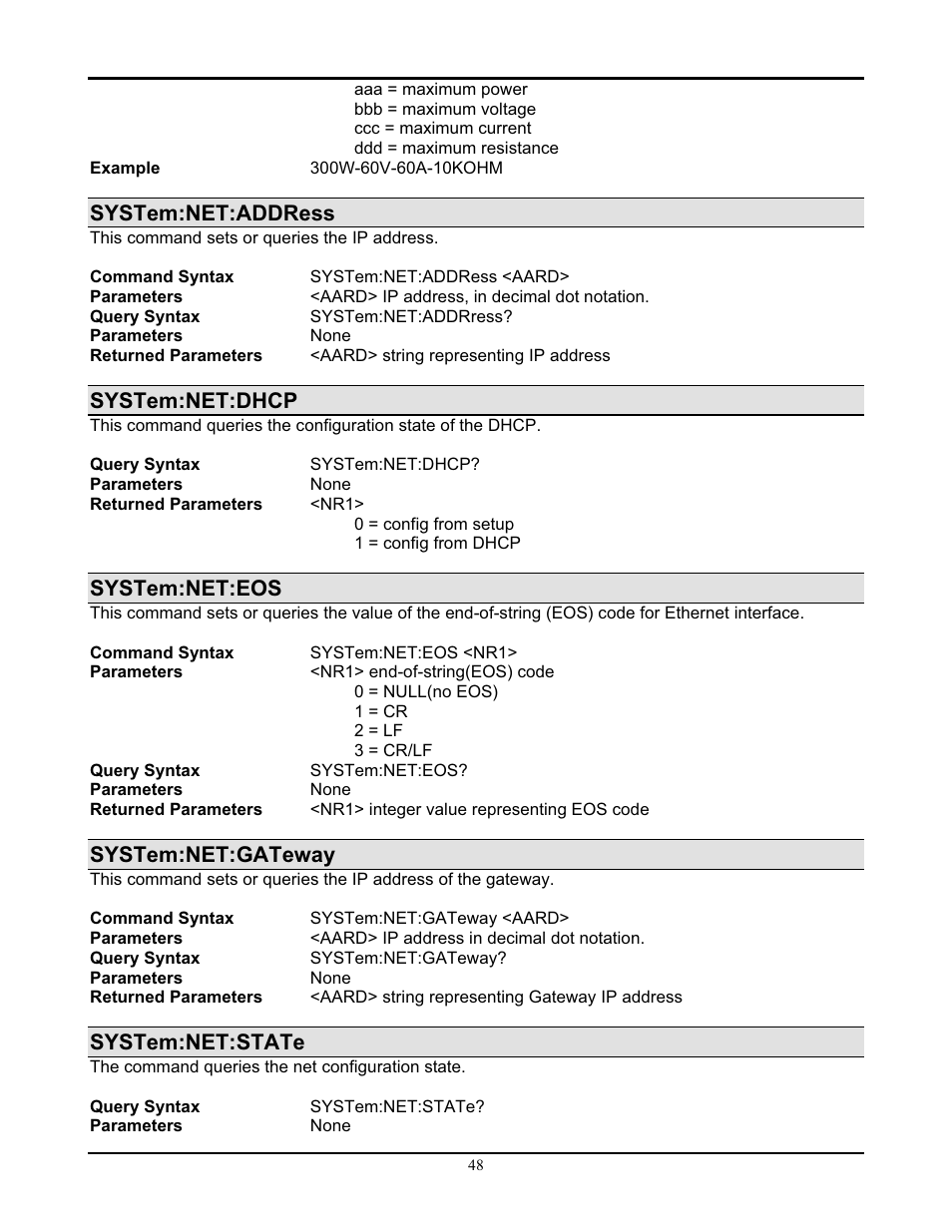 System:net:address, System:net:dhcp, System:net:eos | System:net:gateway, System:net:state | AMETEK PLA-PLW Programming Manual User Manual | Page 52 / 74
