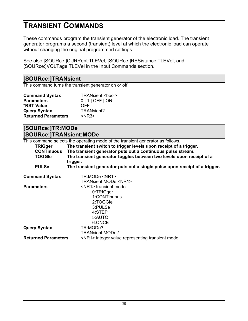 Ransient, Ommands | AMETEK PLA-PLW Programming Manual User Manual | Page 54 / 74