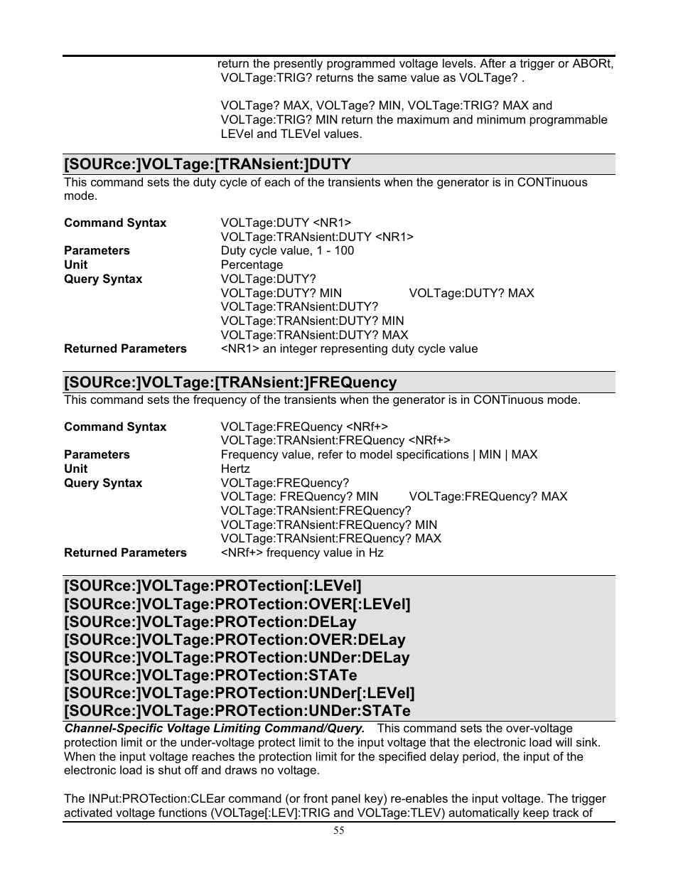 Source:]voltage:[transient:]duty, Source:]voltage:[transient:]frequency | AMETEK PLA-PLW Programming Manual User Manual | Page 59 / 74