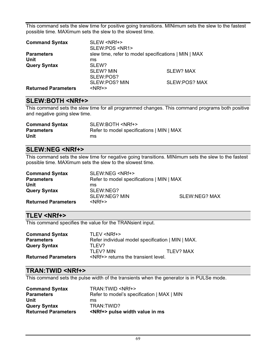 Slew:both <nrf, Slew:neg <nrf, Tlev <nrf | Tran:twid <nrf | AMETEK PLA-PLW Programming Manual User Manual | Page 73 / 74