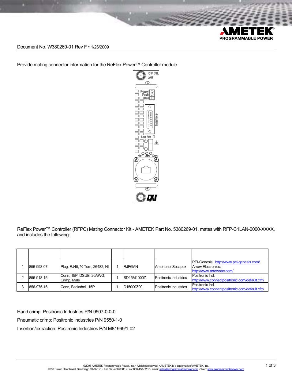 AMETEK ReFlex Mating Connnectors for Controller User Manual | 3 pages