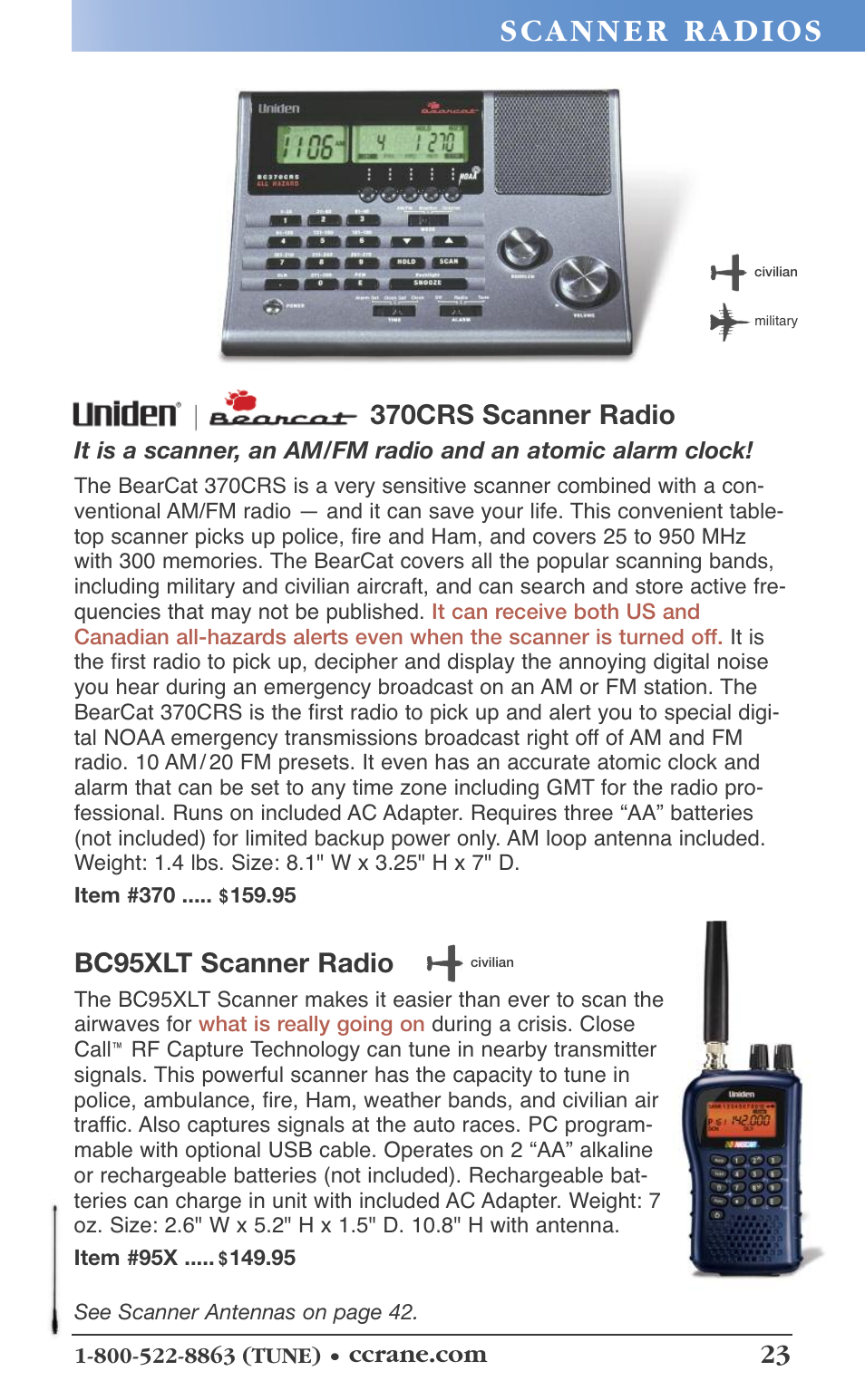 Bc95xlt scanner radio, 370crs scanner radio | C. Crane 19f User Manual | Page 23 / 74