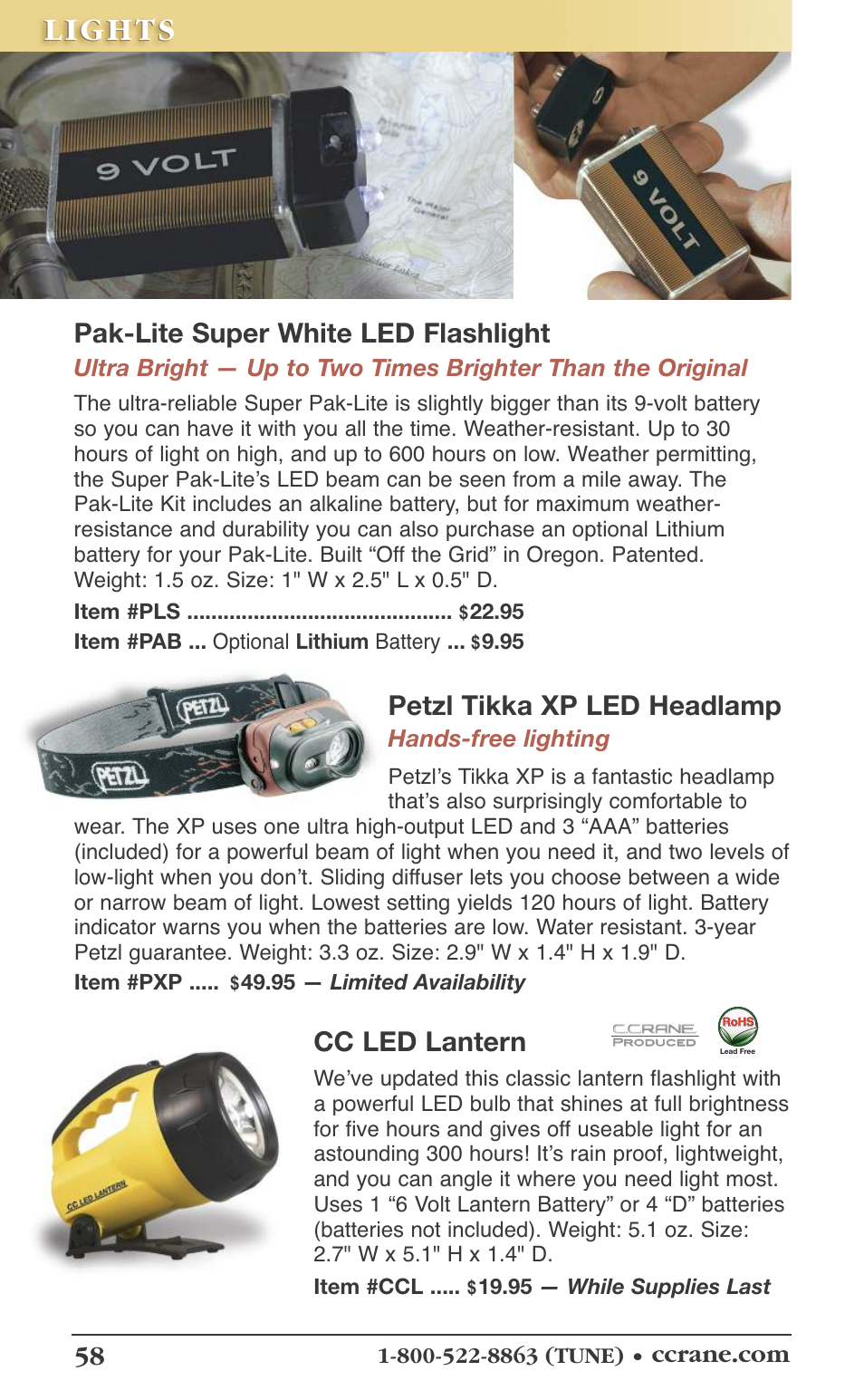 Pak-lite super white led flashlight, Cc led lantern, Petzl tikka xp led headlamp | Hands-free lighting | C. Crane 19f User Manual | Page 60 / 74