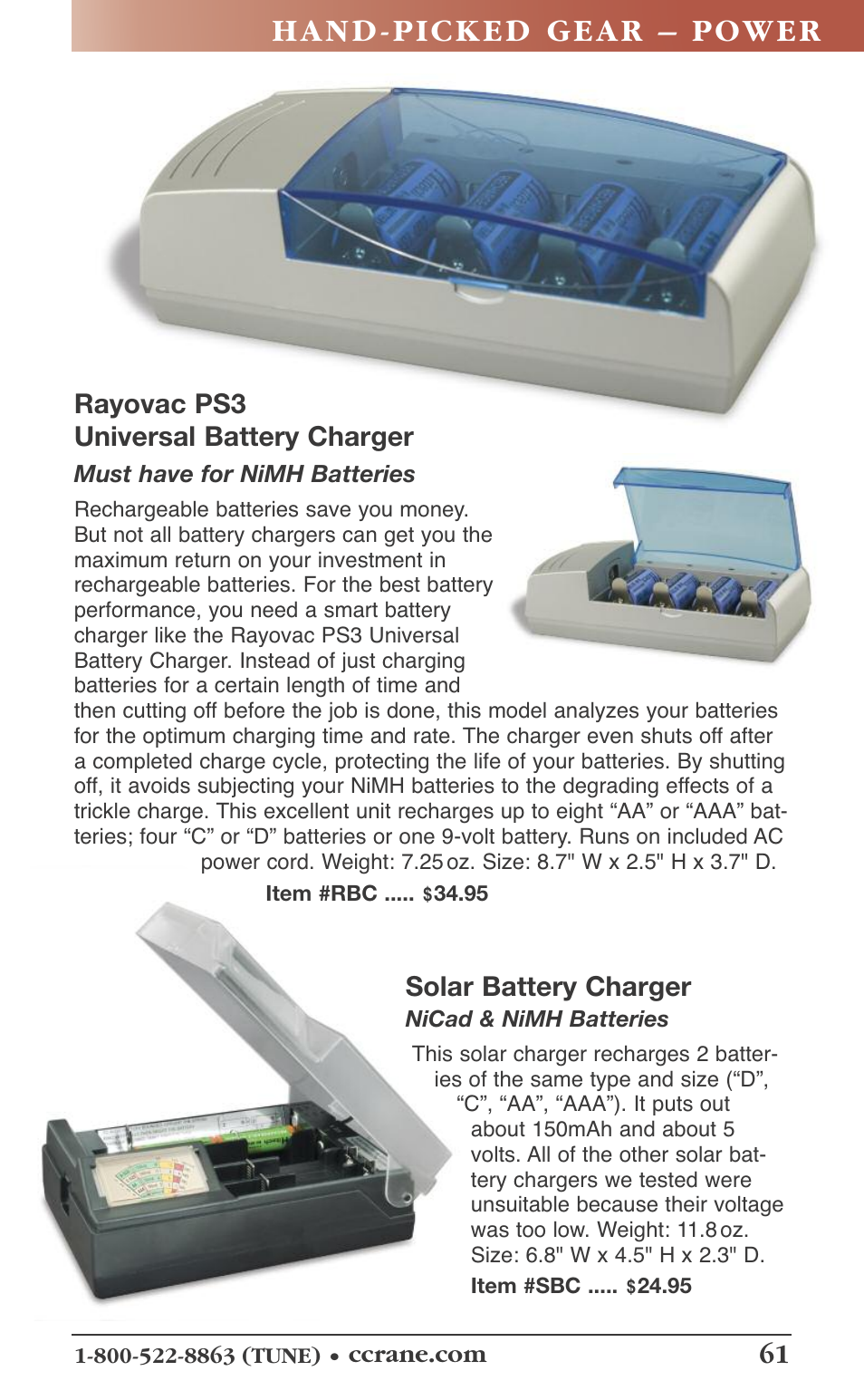 Solar battery charger, Rayovac ps3 universal battery charger | C. Crane 19f User Manual | Page 63 / 74