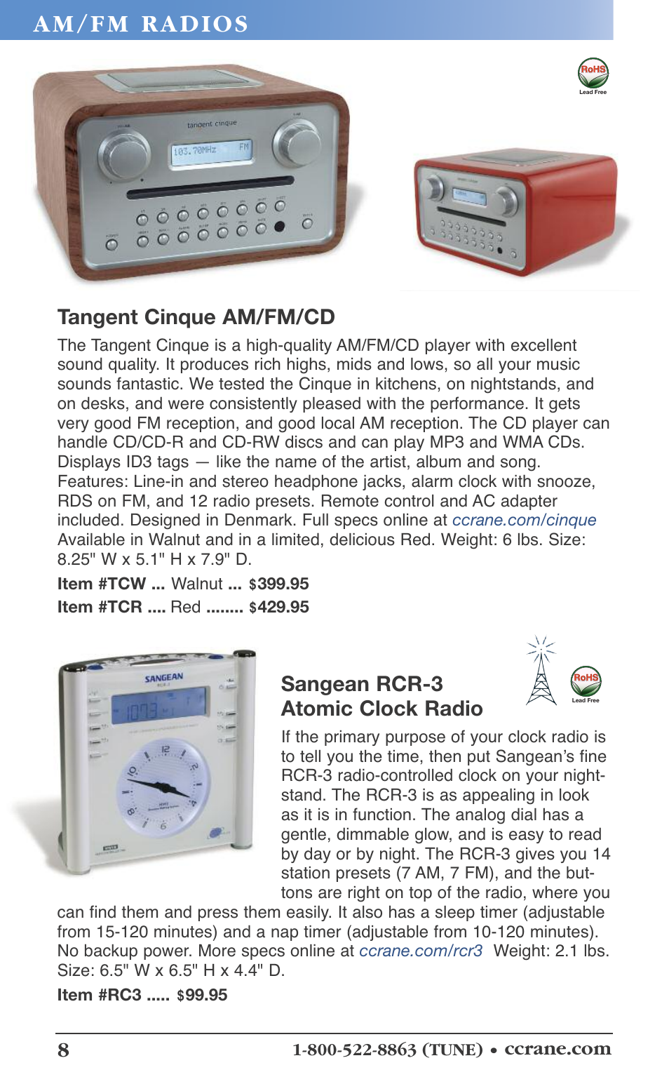 Sangean rcr-3 atomic clock radio, Tangent cinque am/fm/cd | C. Crane 19f User Manual | Page 8 / 74