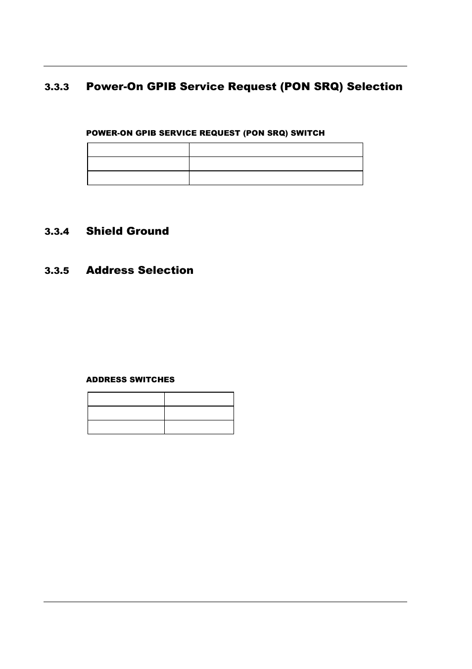 Power-on gpib service request (pon srq) selection, Shield ground, Address selection | AMETEK SFA Series Ethernet Programming User Manual | Page 30 / 159