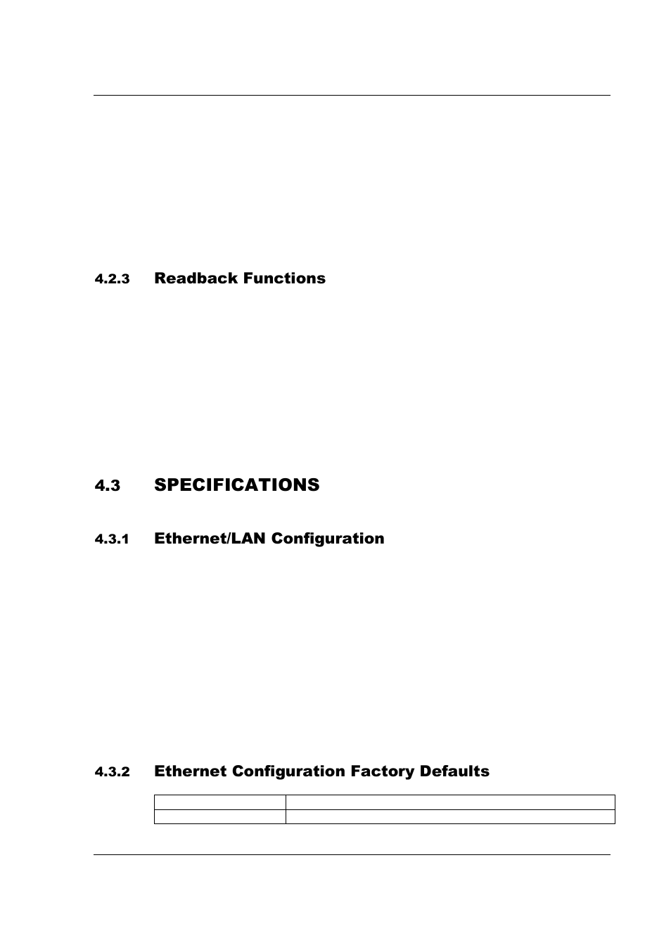 Specifications, Readback functions, Ethernet/lan configuration | Ethernet configuration factory defaults | AMETEK SFA Series Ethernet Programming User Manual | Page 35 / 159