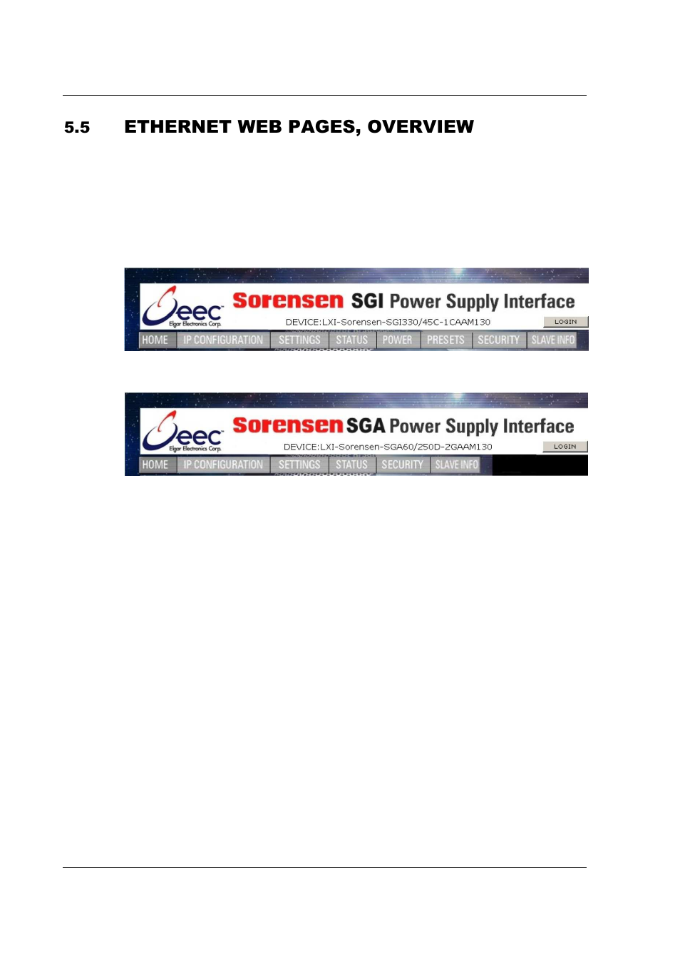 Ethernet web pages, overview | AMETEK SFA Series Ethernet Programming User Manual | Page 54 / 159