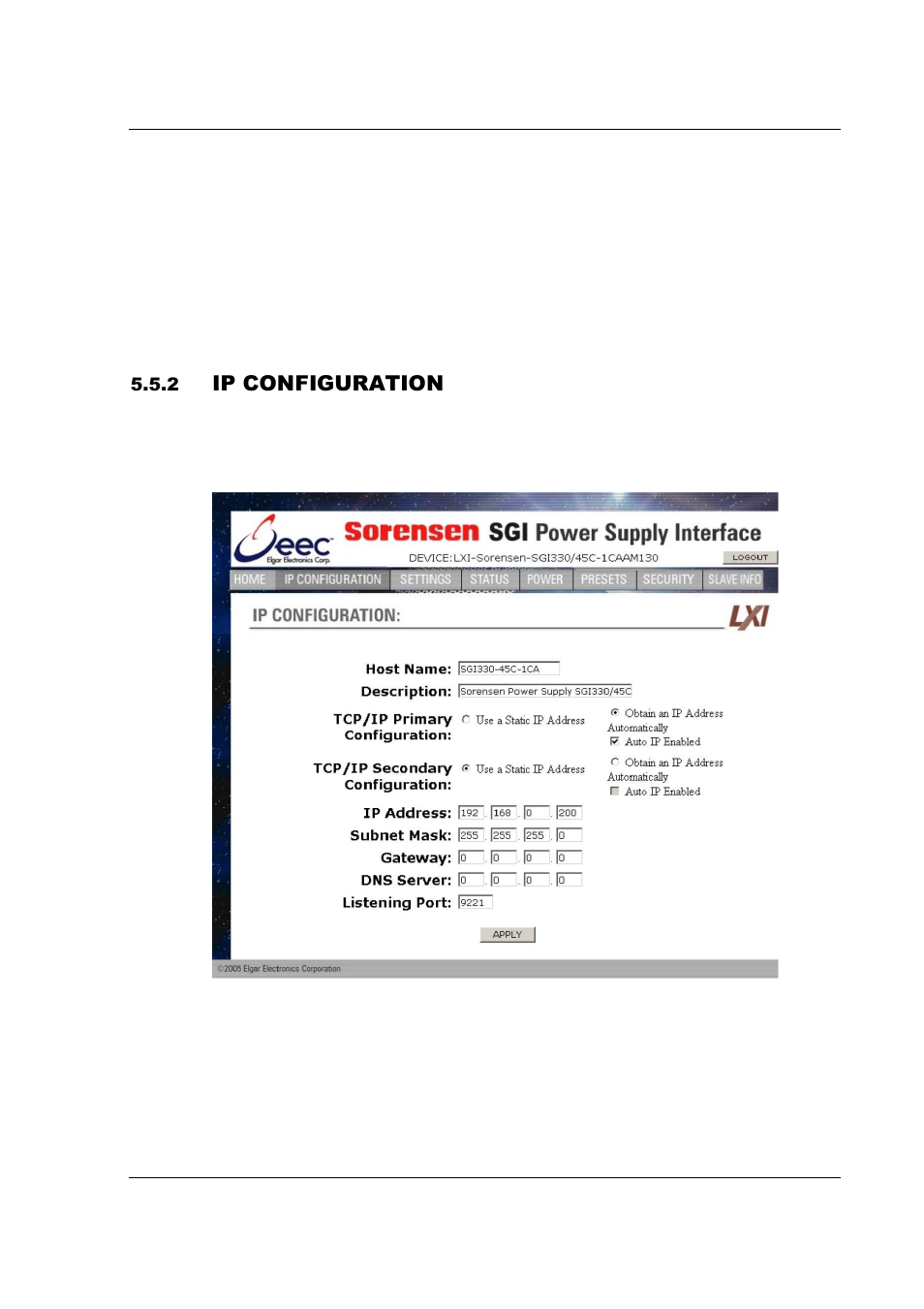 Ip configuration | AMETEK SFA Series Ethernet Programming User Manual | Page 57 / 159