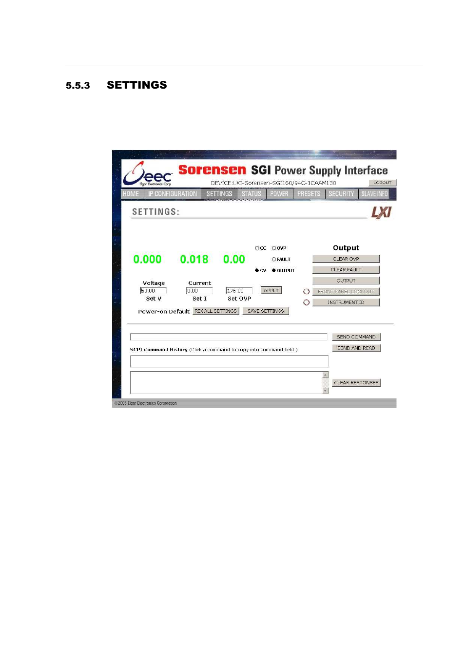 Settings | AMETEK SFA Series Ethernet Programming User Manual | Page 61 / 159