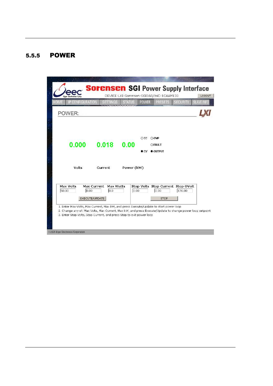 Power | AMETEK SFA Series Ethernet Programming User Manual | Page 66 / 159