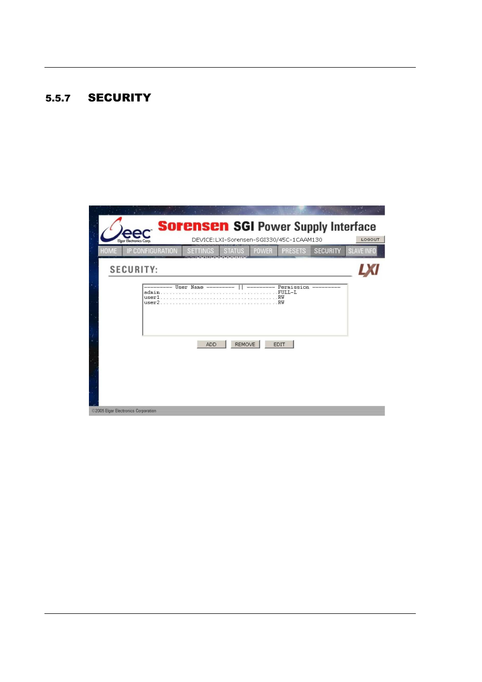 Security | AMETEK SFA Series Ethernet Programming User Manual | Page 70 / 159