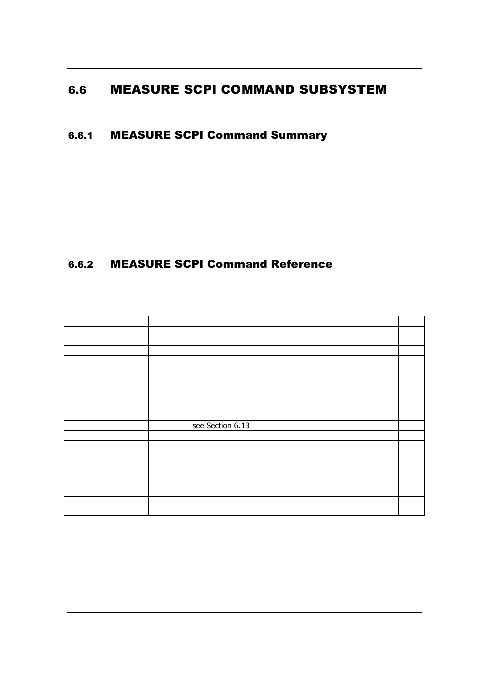 Measure scpi command subsystem, Measure scpi command summary, Measure scpi command reference | AMETEK SFA Series Ethernet Programming User Manual | Page 89 / 159