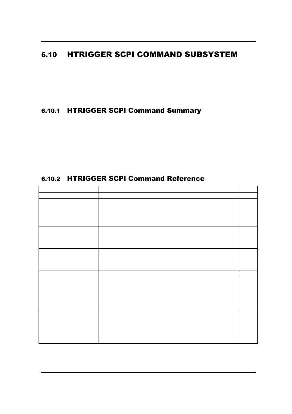 Htrigger scpi command subsystem, Htrigger scpi command summary, Htrigger scpi command reference | AMETEK SFA Series Ethernet Programming User Manual | Page 97 / 159