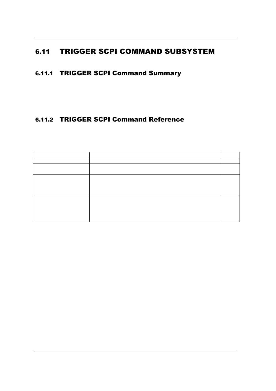 Trigger scpi command subsystem, Trigger scpi command summary, Trigger scpi command reference | AMETEK SFA Series Ethernet Programming User Manual | Page 98 / 159