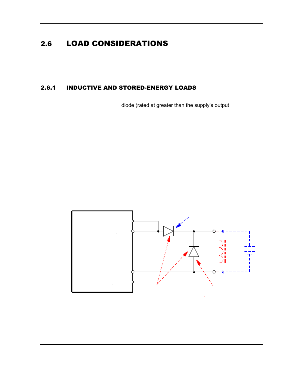 Load considerations -14, Inductive and stored-energy loads -14, Figure 2-3. diode connection -14 | Power supply, Load considerations | AMETEK SGA Series User Manual | Page 34 / 97