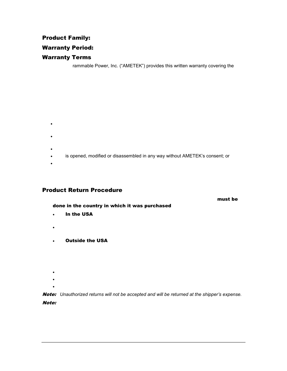 Product return procedure | AMETEK SGA Series User Manual | Page 4 / 97