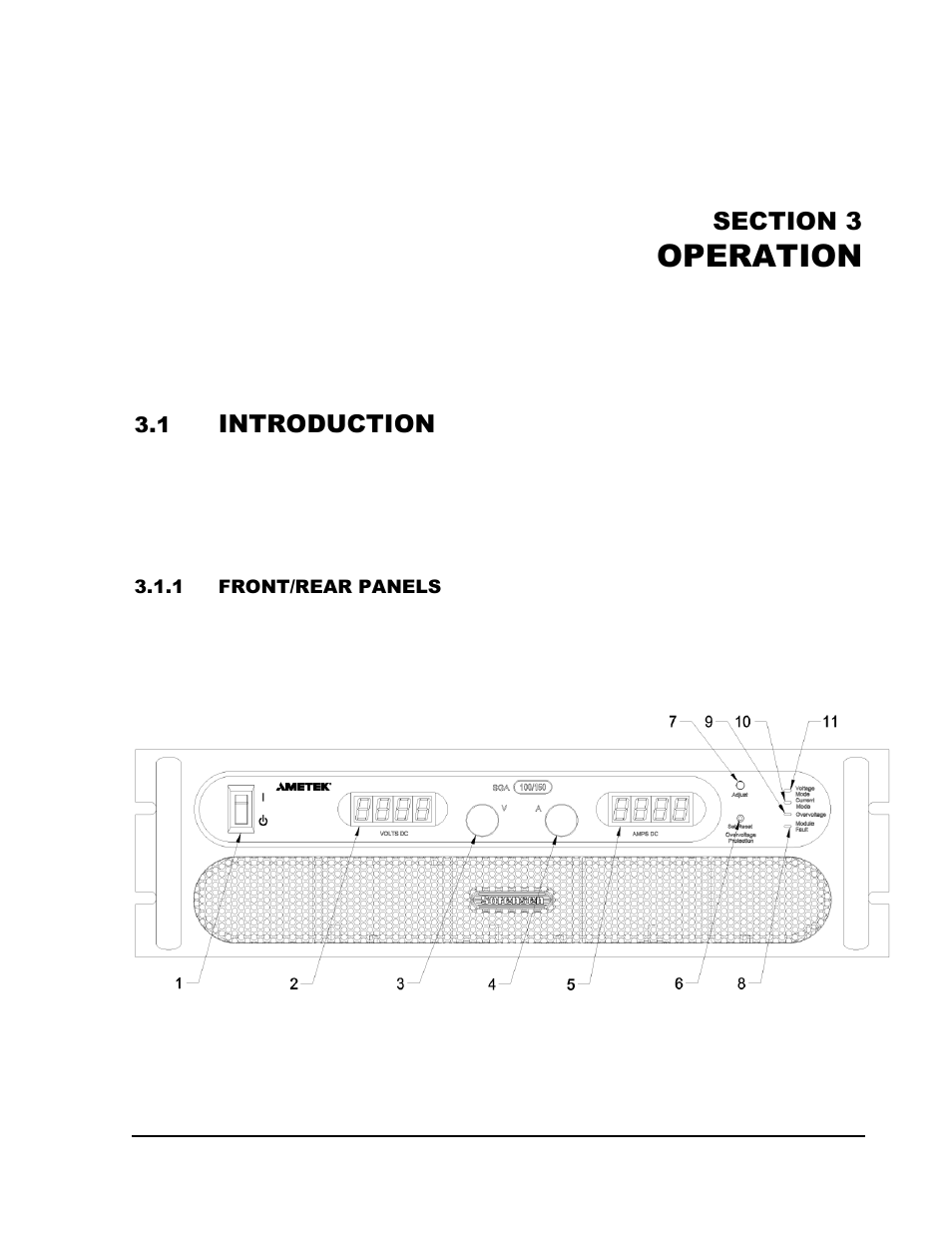 Section 3 operation -1, Introduction -1, Front/rear panels -1 | Operation, Introduction | AMETEK SGA Series User Manual | Page 51 / 97