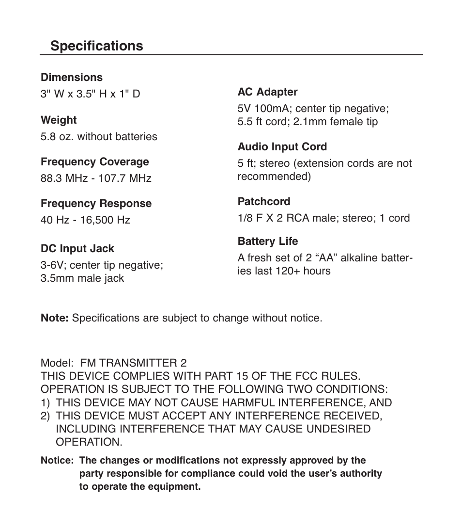 Specifications | C. Crane 024 S User Manual | Page 12 / 12