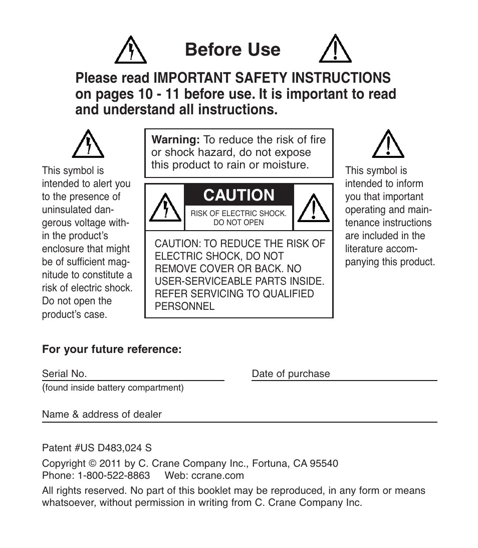 Before use, Caution | C. Crane 024 S User Manual | Page 2 / 12