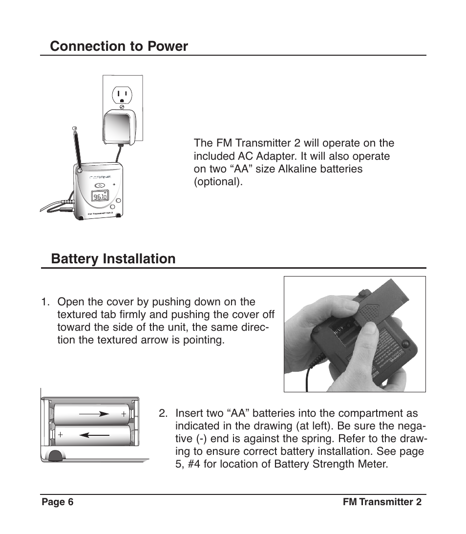 Connection to power, Battery installation | C. Crane 024 S User Manual | Page 6 / 12