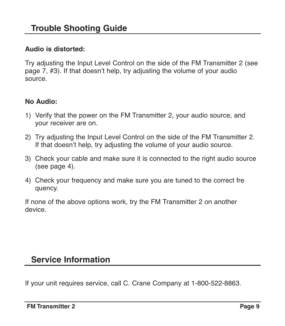 Trouble shooting guide, Service information | C. Crane 024 S User Manual | Page 9 / 12