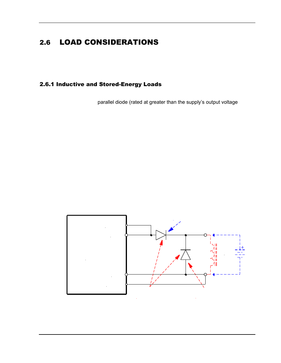 Load considerations -14, Inductive and stored-energy loads -14, Figure 2-3. diode connection -14 | Power supply, Load considerations | AMETEK SGI Series User Manual | Page 36 / 128