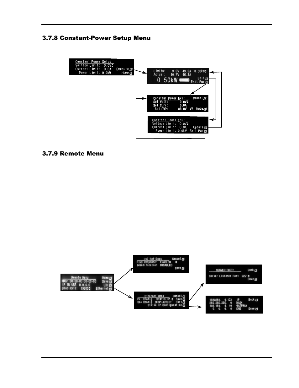 Constant-power setup menu -21, Remote menu -21, S 3.7.8 | N 3.7.9 | AMETEK SGI Series User Manual | Page 73 / 128
