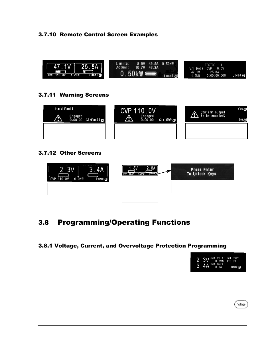 Remote control screen examples -22, Warning screens -22, Other screens -22 | Programming/operating functions -22, N 3.8.1, S 3.7.12, Programming/operating functions | AMETEK SGI Series User Manual | Page 74 / 128