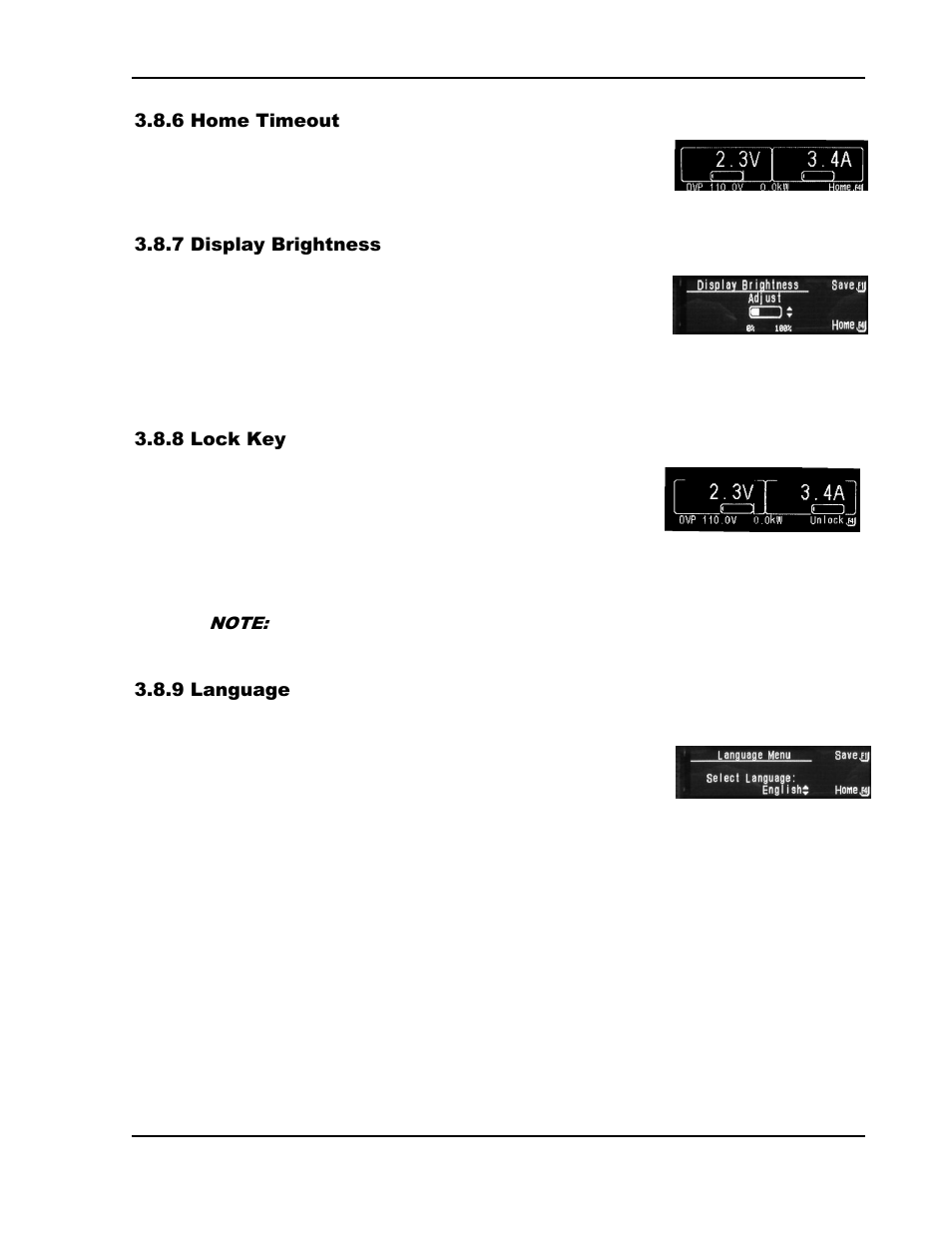 Home timeout -35, Display brightness -35, Lock key -35 | Language -35, N 3.8.9 | AMETEK SGI Series User Manual | Page 87 / 128