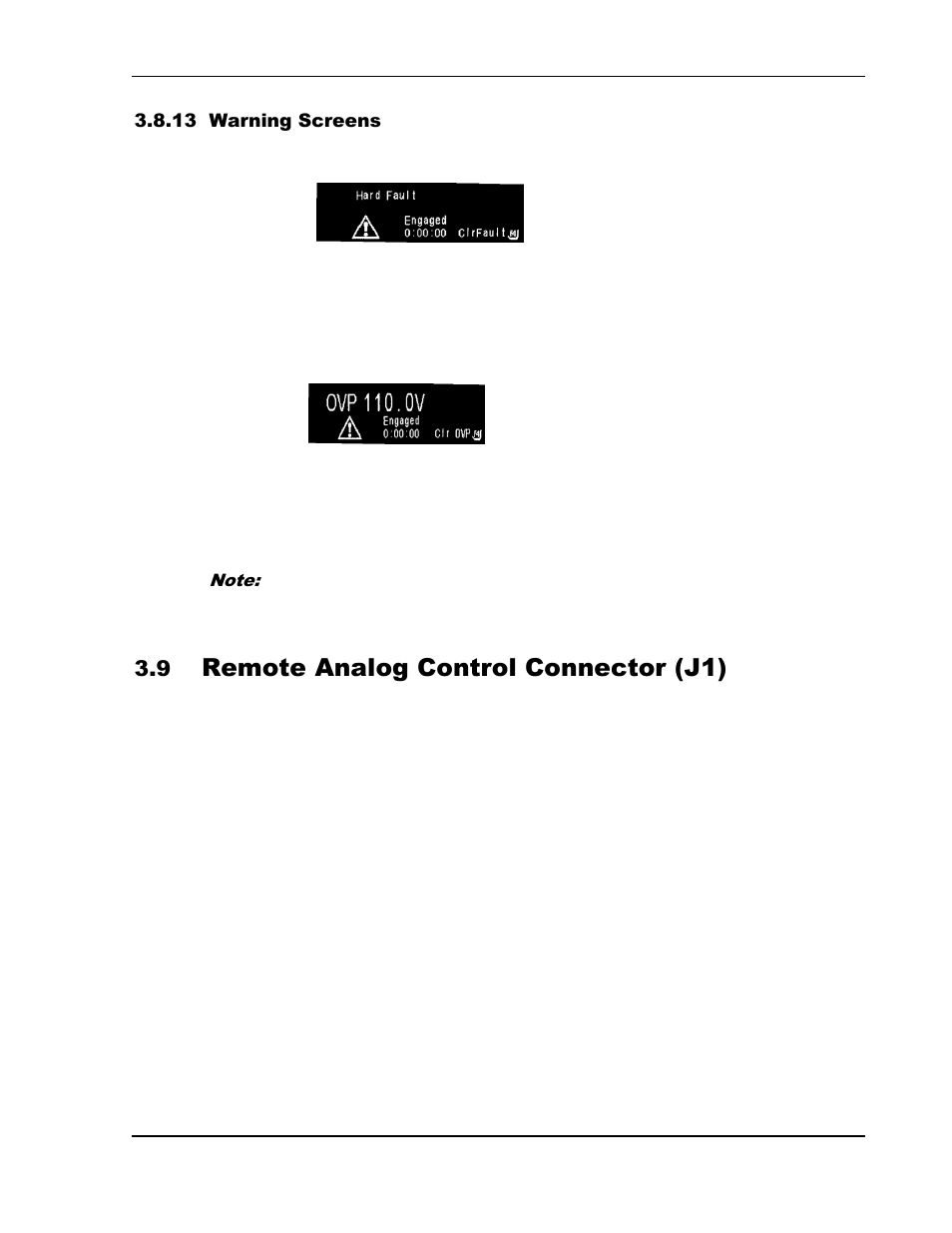 Warning screens -40, Remote analog control connector (j1) -40, Remote analog control connector (j1) | AMETEK SGI Series User Manual | Page 92 / 128