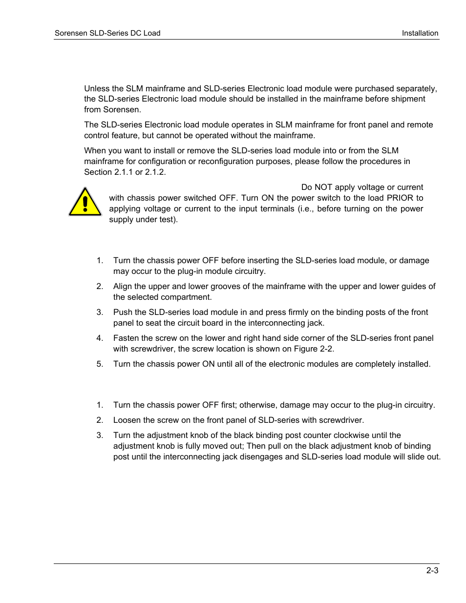 1 installation and removal of sld-series module, 1 installation, 2 removal | Installation and removal of sld-series module | AMETEK SLD Series User Manual | Page 25 / 89