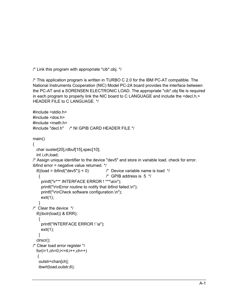 Gpib programming example, Appendix a | AMETEK SLD Series User Manual | Page 75 / 89
