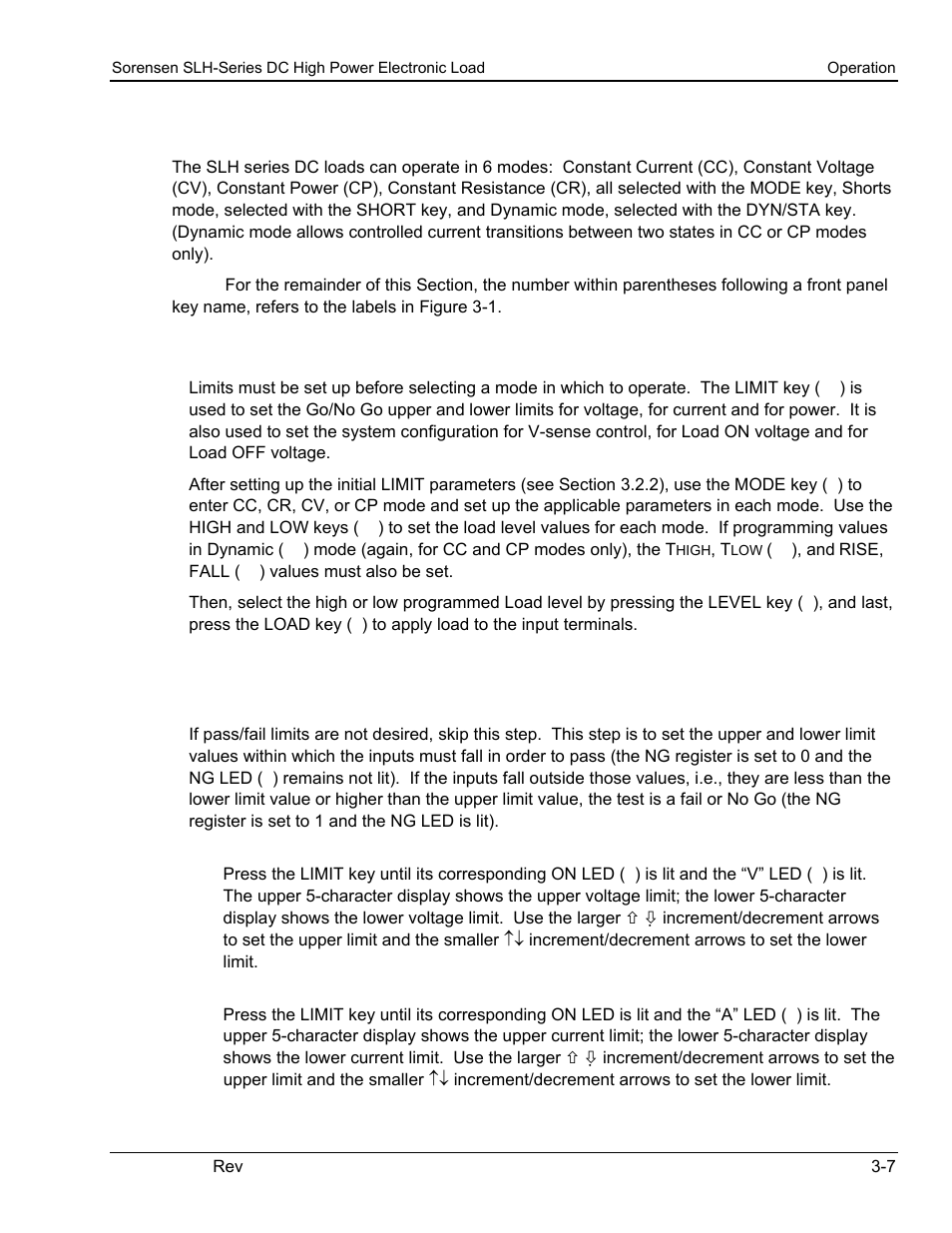 2 operation – setup and ocp/opp tests, 1 overview of front panel operation, 2 initial setup (limit key) | Operation – setup and ocp/opp tests | AMETEK SLH Series RevC User Manual | Page 37 / 93