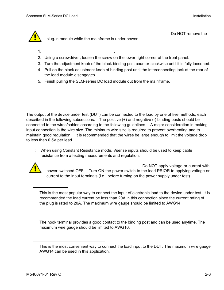 Removal, 2 connections, 1 input binding post and wire considerations | Connections | AMETEK SLM Series RevC User Manual | Page 25 / 85