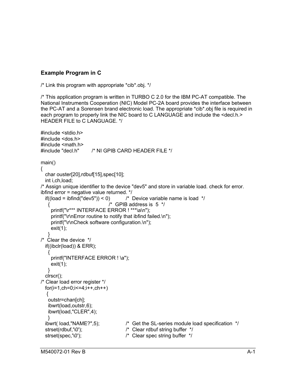 Gpib programming example, Appendix a | AMETEK SLM Series Rev B User Manual | Page 73 / 87