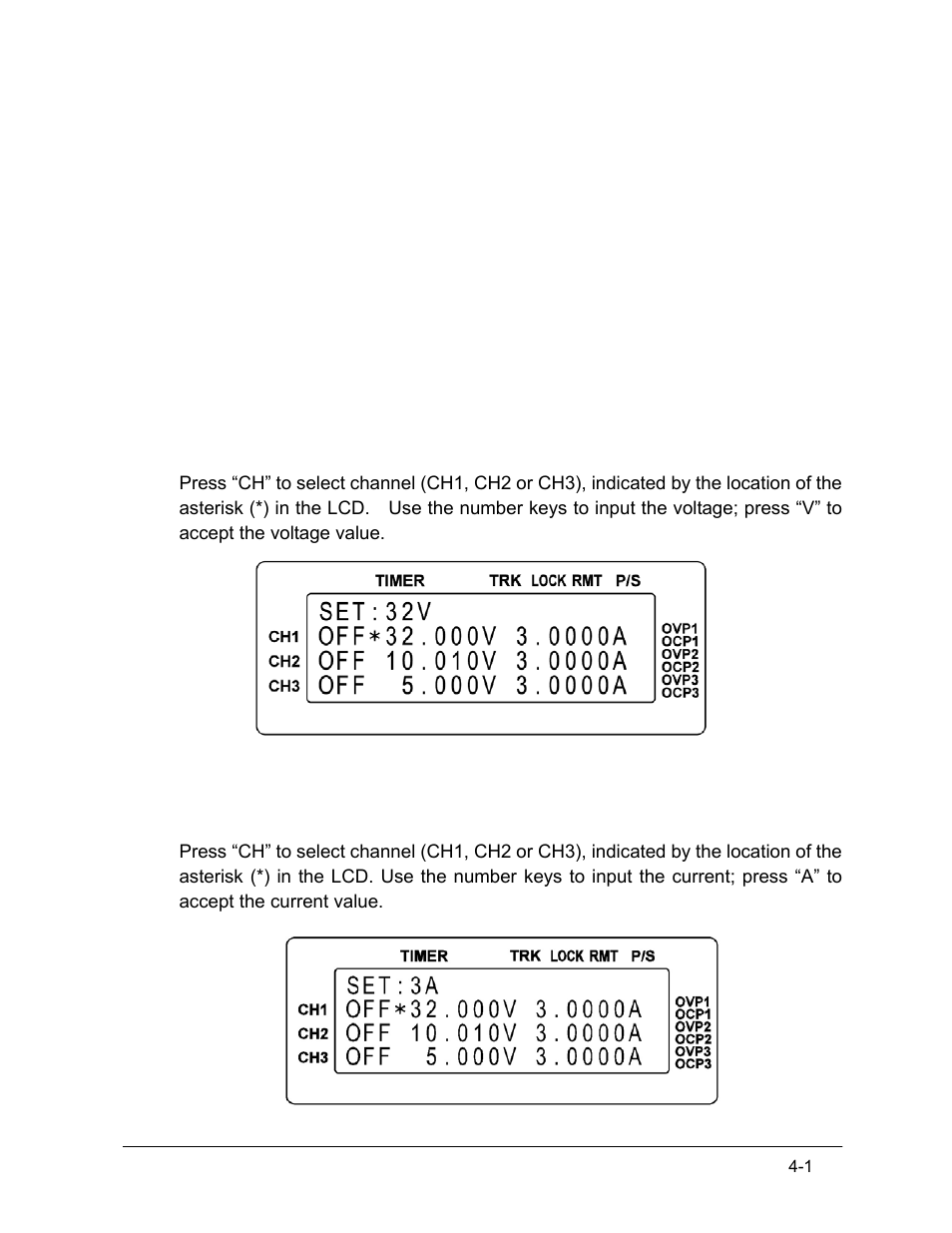 1 voltage setting, 2 current setting, Operation setting -1 | 1 voltage setting -1 4.2 current setting -1, Operation setting | AMETEK XBT Series User Manual | Page 33 / 60