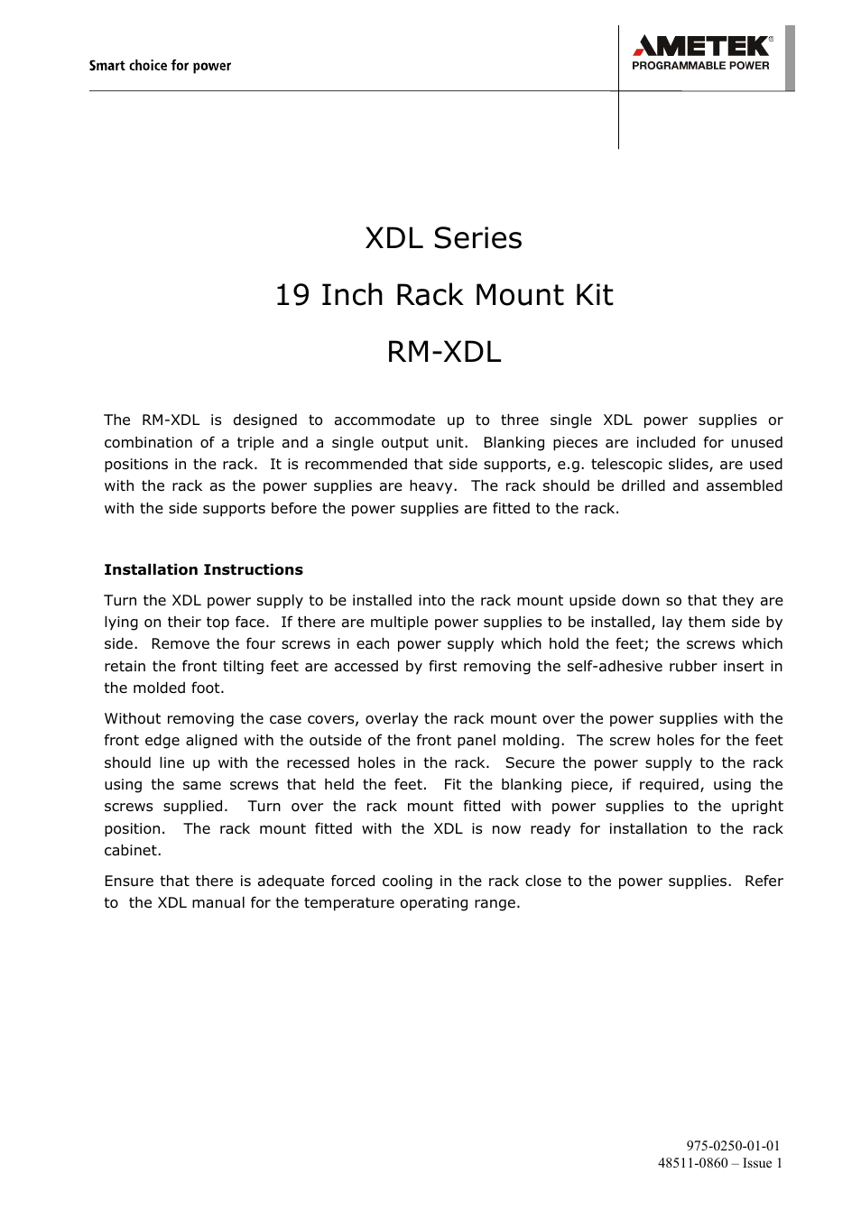 AMETEK XDL Series II Rack Mount Kit Instructions User Manual | 1 page