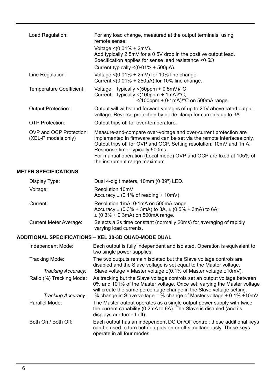 Meter specifications, Additional specifications – xel 30-3d quad-mode d | AMETEK XEL Series 60V and below User Manual | Page 10 / 186