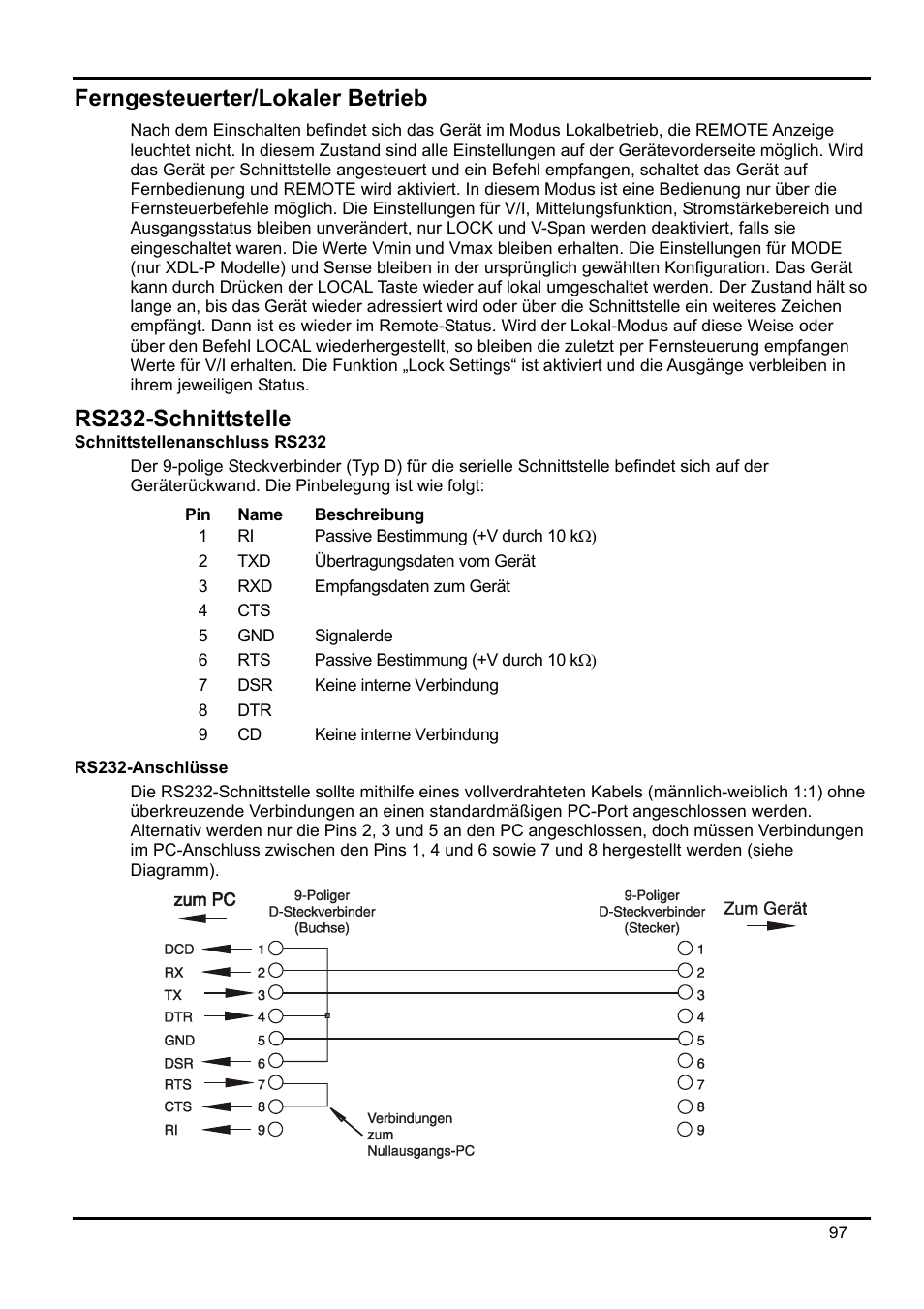 Ferngesteuerter/lokaler betrieb, Rs232-schnittstelle, Schnittstellenanschluss rs232 | Rs232-anschlüsse | AMETEK XEL Series 60V and below User Manual | Page 101 / 186