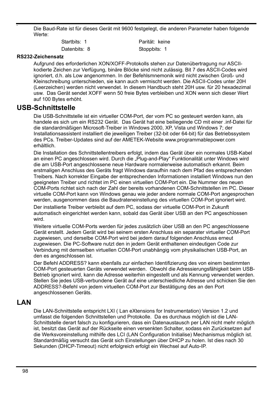 Rs232-zeichensatz, Usb-schnittstelle | AMETEK XEL Series 60V and below User Manual | Page 102 / 186