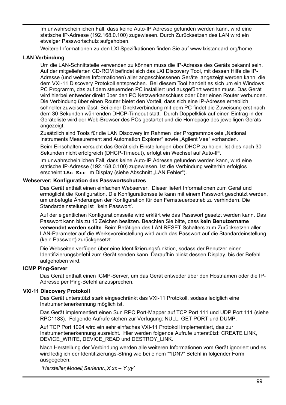 Lan verbindung, Webserver; konfiguration des passwortschutzes, Icmp ping-server | Vxi-11 discovery protokoll | AMETEK XEL Series 60V and below User Manual | Page 103 / 186