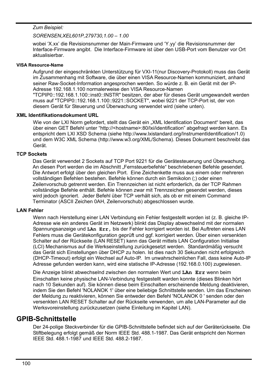 Visa resource-name, Xml identifikationsdokument url, Tcp sockets | Lan fehler, Gpib-schnittstelle | AMETEK XEL Series 60V and below User Manual | Page 104 / 186