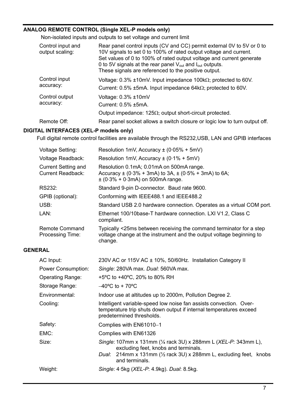 Analog remote control (single xel-p models only), Digital interfaces (xel-p models only), General | AMETEK XEL Series 60V and below User Manual | Page 11 / 186