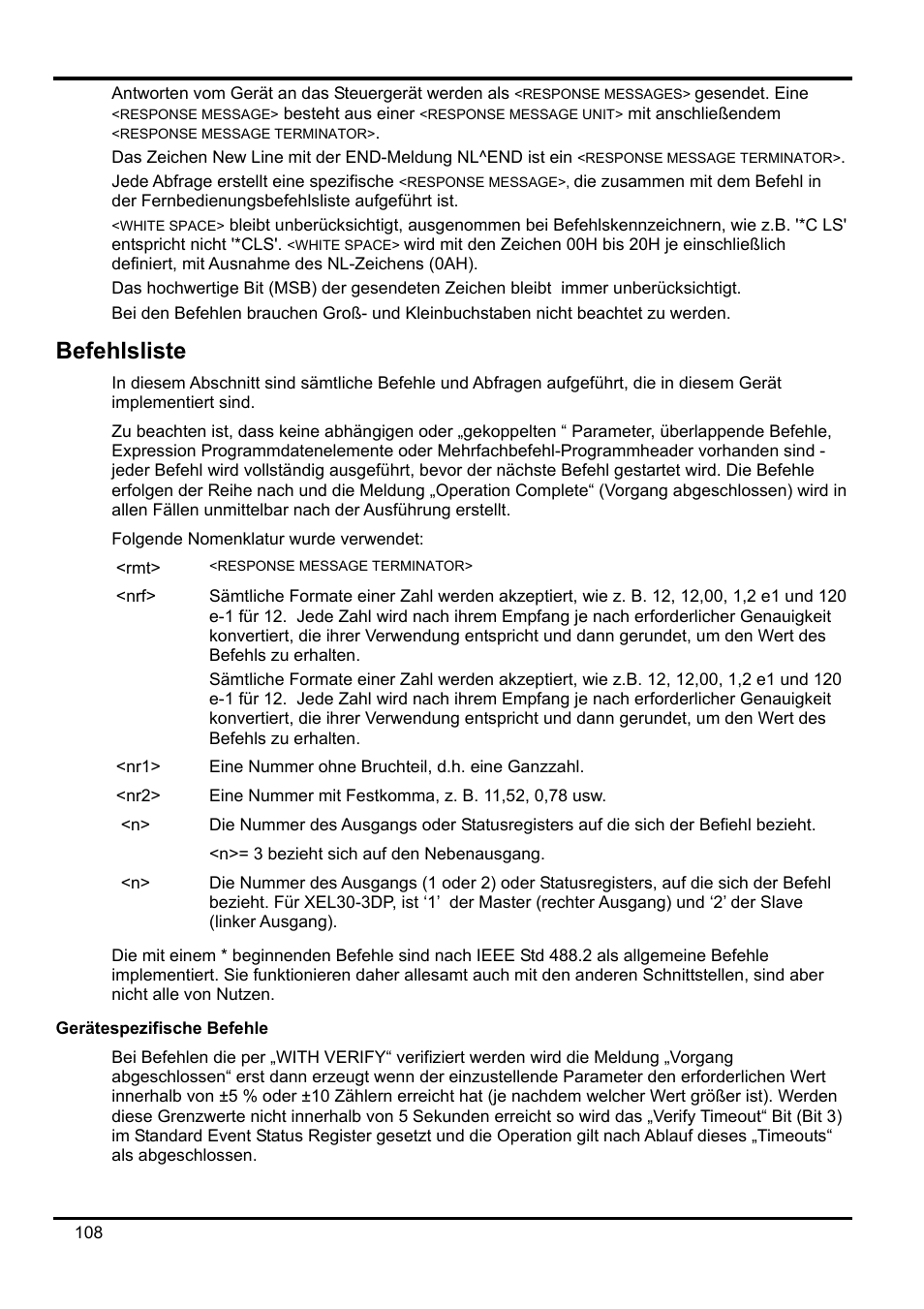 Befehlsliste, Gerätespezifische befehle | AMETEK XEL Series 60V and below User Manual | Page 112 / 186