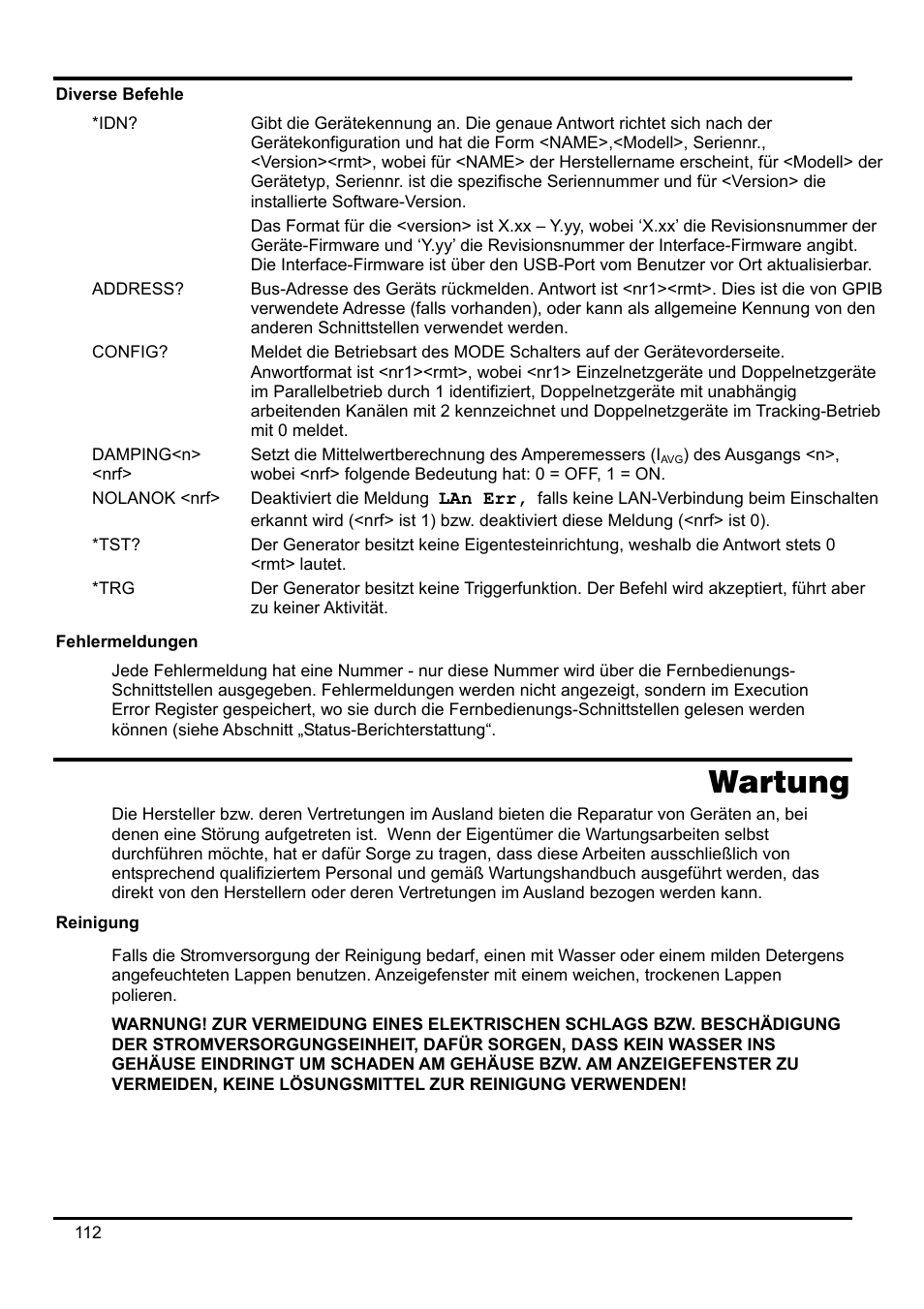 Diverse befehle, Fehlermeldungen, Wartung | Reinigung | AMETEK XEL Series 60V and below User Manual | Page 116 / 186