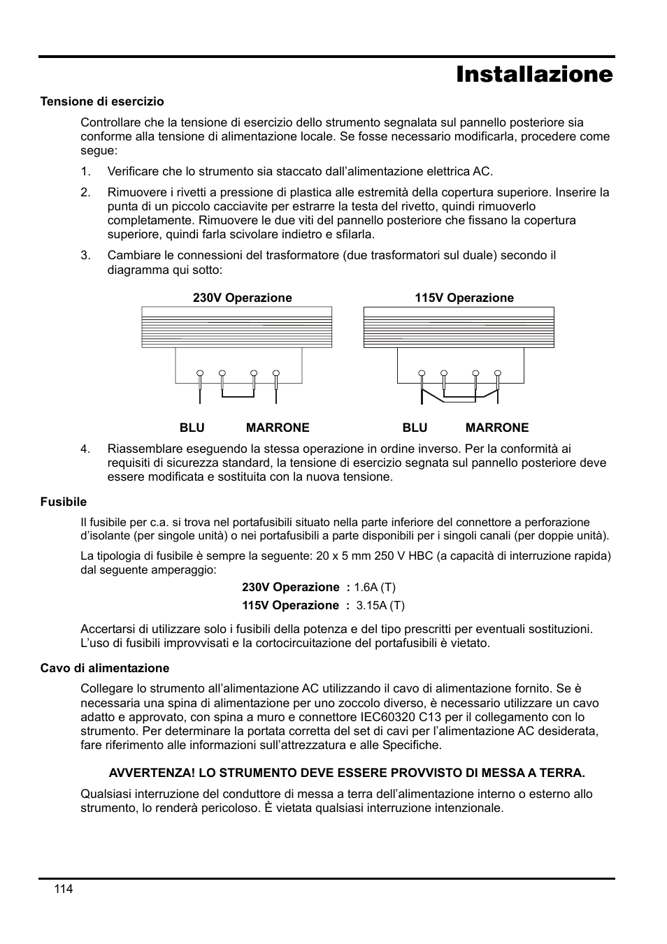 Installazione, Tensione di esercizio, Fusibile | Cavo di alimentazione | AMETEK XEL Series 60V and below User Manual | Page 118 / 186
